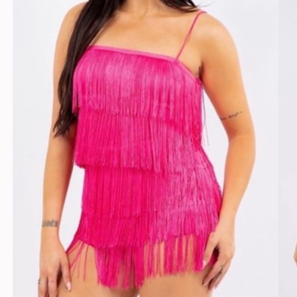 Bear Dance Barbiecore Hot Pink Tiered Fringe Flapper Romper
